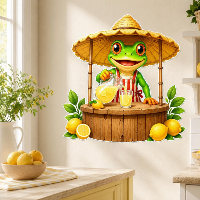 Bright green cartoon frog in a striped apron serving lemonade from a wooden stand with a straw canopy and pitcher and glass.