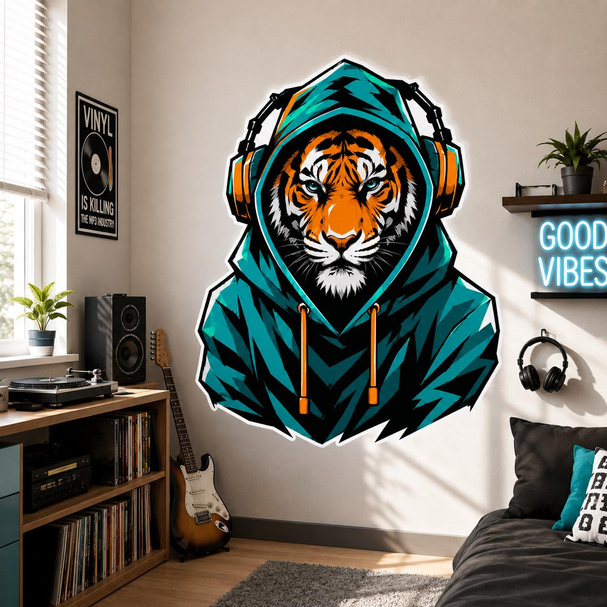 Tiger in Hoodie Wall Vinyl Decal | Gamer Tiger Headphones Sticker | Urban Animal Wall Art | Teen Bedroom Gaming Room Decor