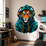 Tiger in Hoodie Wall Vinyl Decal | Gamer Tiger Headphones Sticker | Urban Animal Wall Art | Teen Bedroom Gaming Room Decor