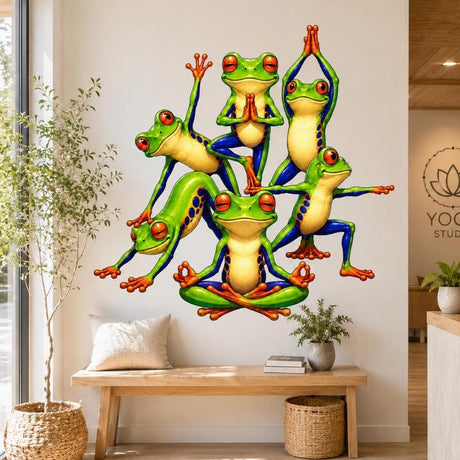 Colorful tree frogs doing yoga and meditation poses in a playful wall vinyl decal.