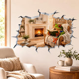Green frog reading beside a fireplace in a printed wall illusion design.