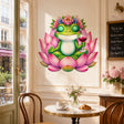 Weird green frog wall vinyl decal sitting in meditation on a large pink lotus flower.