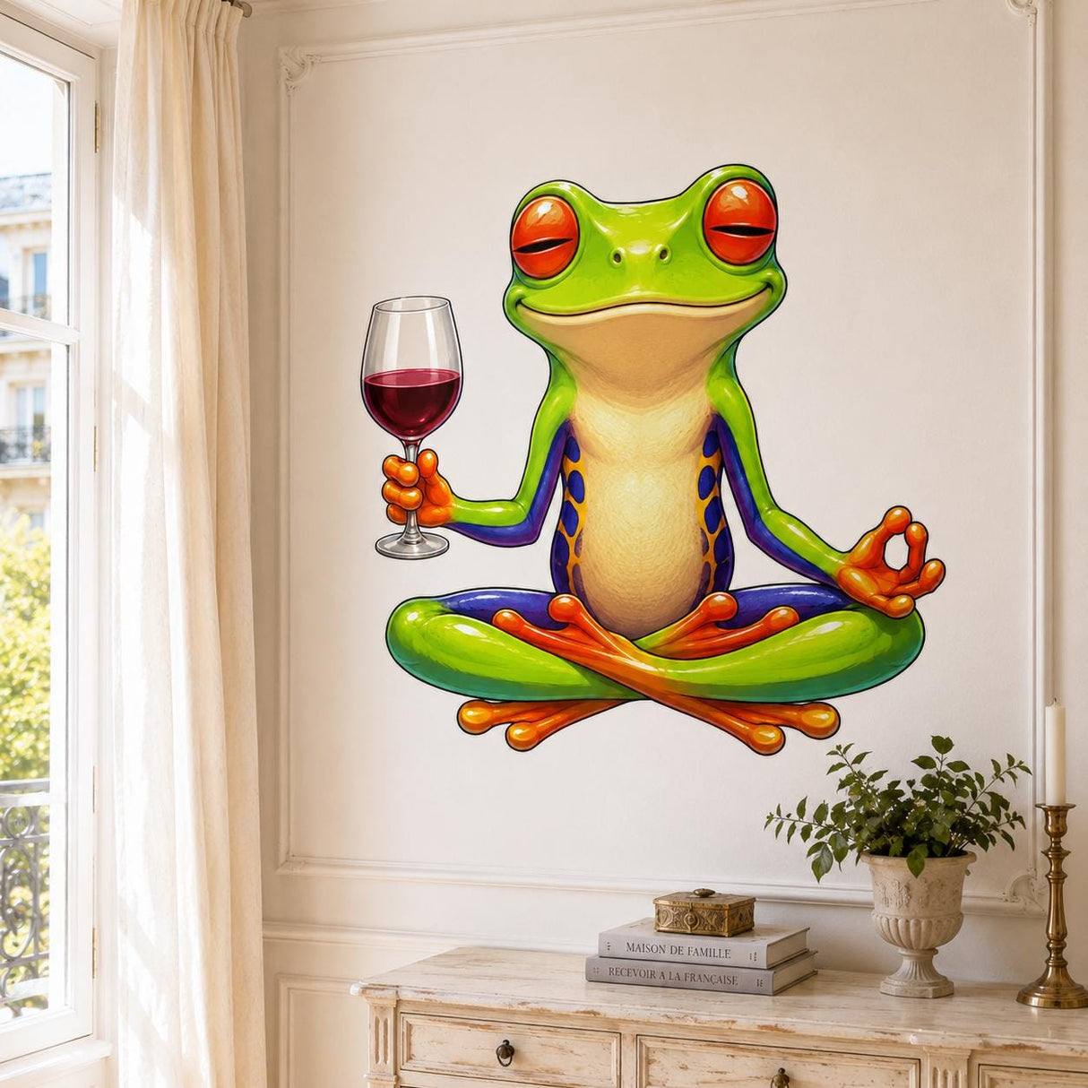 Weird green frog wall vinyl decal sitting cross-legged in a meditation pose.