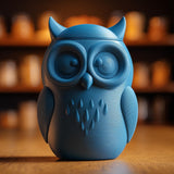 3D printed owl memorial urn with removable lid and large stylized eyes.