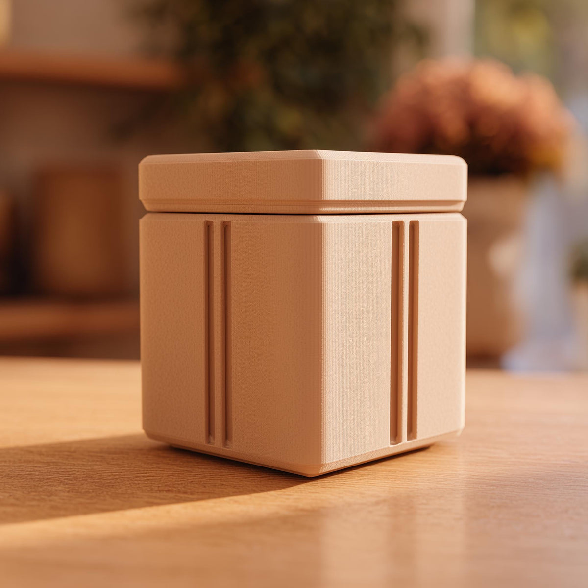 Minimalist square memorial urn with removable lid, 3D printed keepsake container for pet ashes and remembrance display.