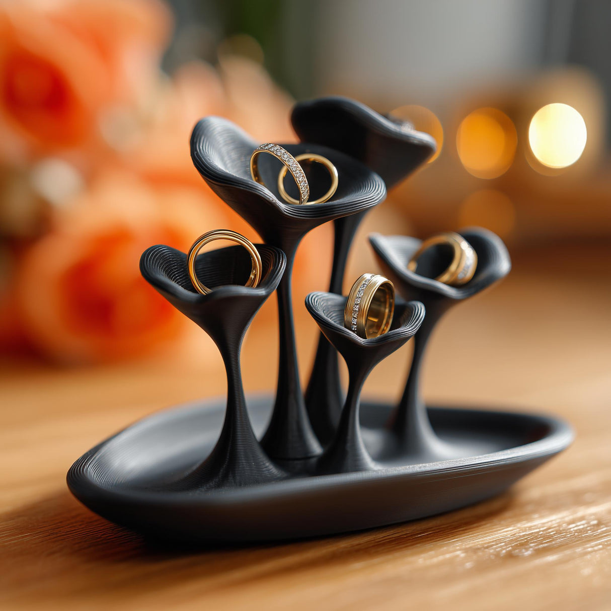 3D printed mushroom jewelry holder with curved ring cups and tray base