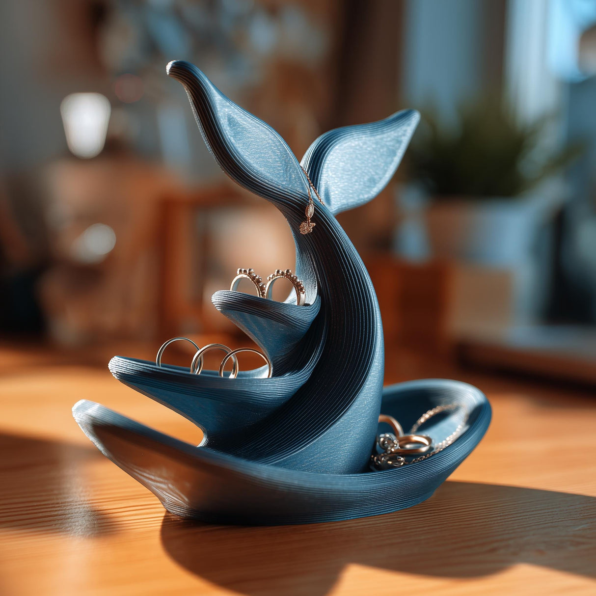 3D printed whale tail jewelry holder on a wooden surface.