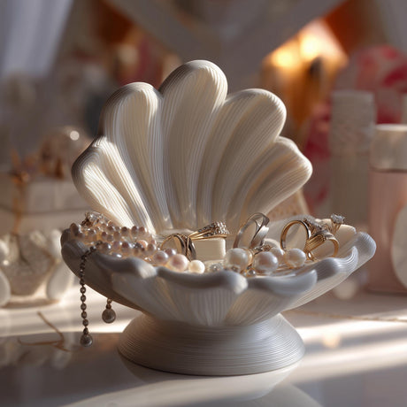 Shell-shaped jewelry organizer with an upright fan shell back and a scalloped dish base holding rings and pearls.