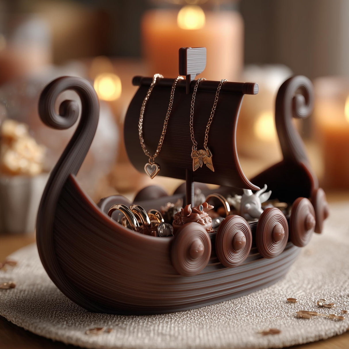 Viking ship-shaped jewelry organizer with a curved boat tray, mast, sail, and hanging necklaces.