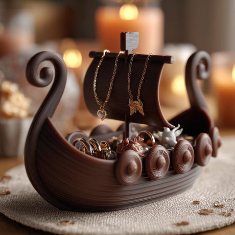 Viking ship-shaped jewelry organizer with a curved boat tray, mast, sail, and hanging necklaces.