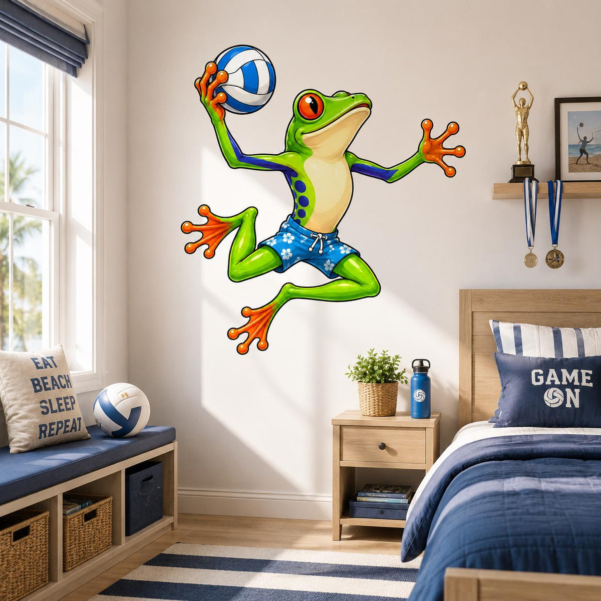 Weird Volleyball Frog Wall Vinyl Decal displayed in a room setting.