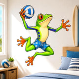 Bright green cartoon frog in blue floral shorts jumping while holding a blue-and-white volleyball.