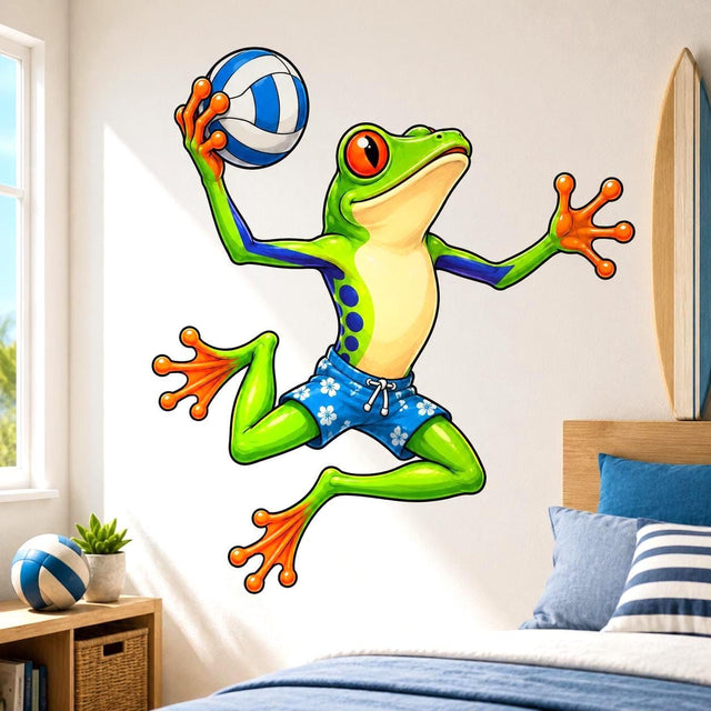 Bright green cartoon frog in blue floral shorts jumping while holding a blue-and-white volleyball.