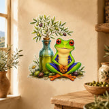 Bright green frog meditating beside a glass bottle of golden olive oil.