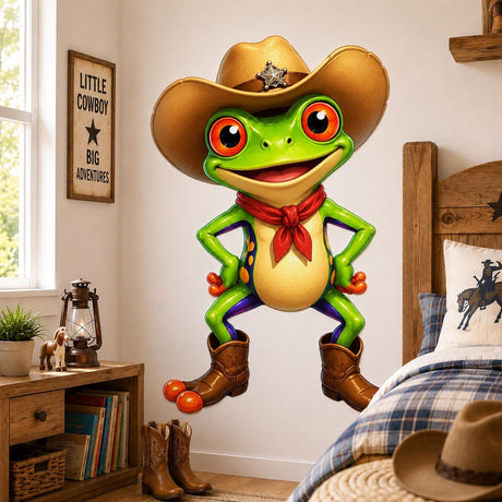 Bright green cartoon frog wearing a cowboy hat, red neckerchief and cowboy boots.
