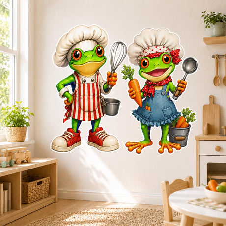 Two bright green cartoon frogs dressed as chefs, wearing oversized white hats and colorful aprons.