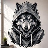 Black, white, and gray illustration of a serious wolf wearing a faceted hooded sweatshirt, with pointed ears and pale eyes.