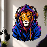 Colorful lion wall decal with a bright blue hood, large headphones, and vivid orange, pink, purple, and blue details.