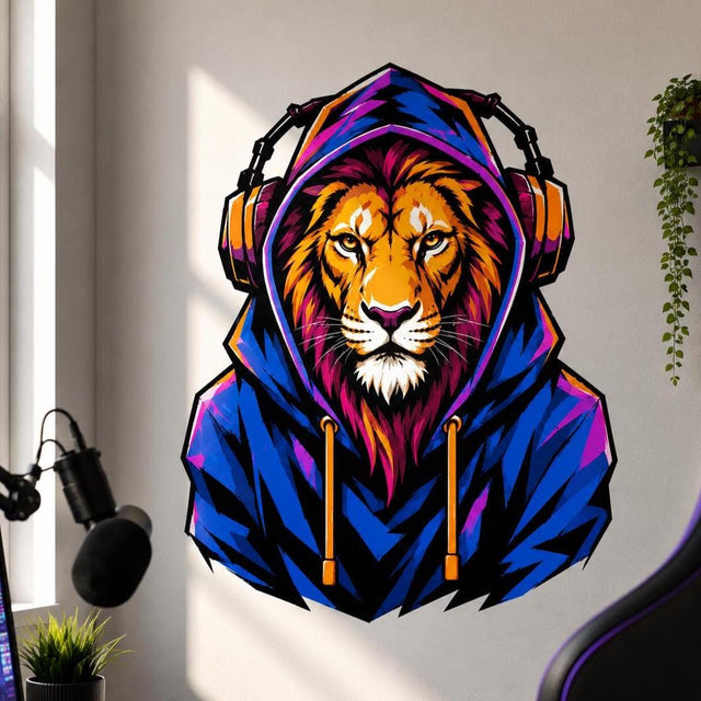 Colorful lion wall decal with a bright blue hood, large headphones, and vivid orange, pink, purple, and blue details.