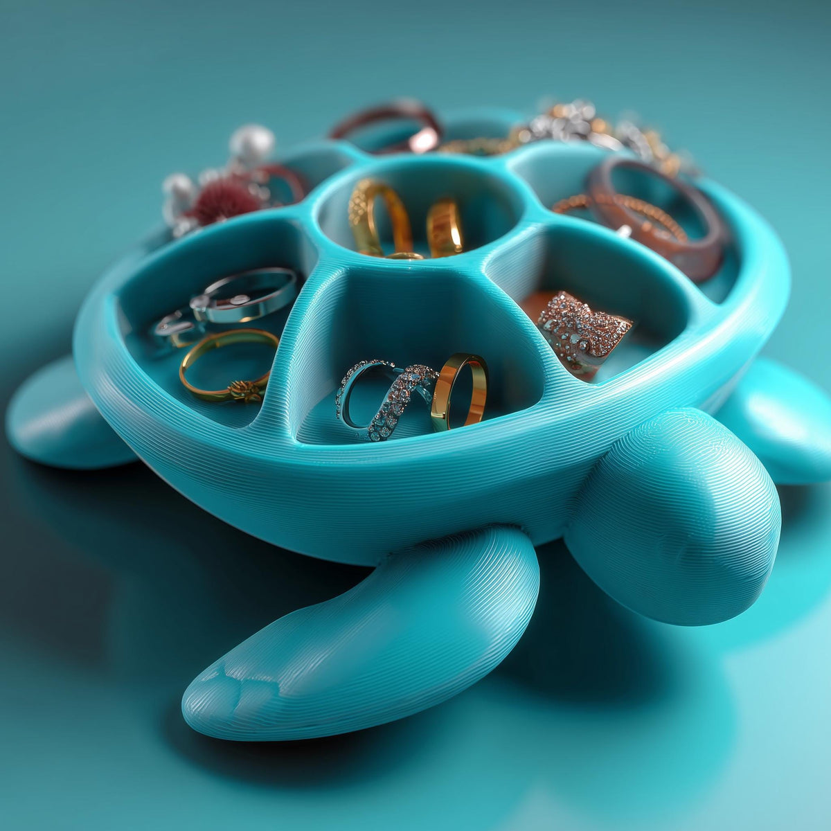 Sea turtle-shaped jewelry organizer with divided shell compartments for rings and small jewelry.