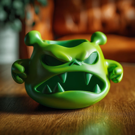 Monster-shaped jewelry organizer bowl with an angry face and pointed teeth.