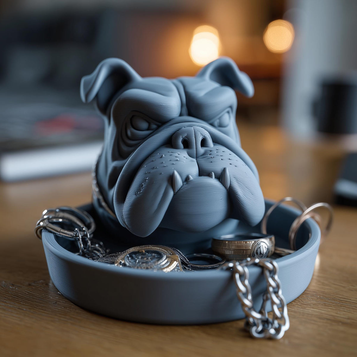 Bulldog-shaped jewelry organizer with a round tray base holding chains and rings.
