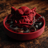 3D printed demon jewelry organizer with horned head, tusks and round valet tray