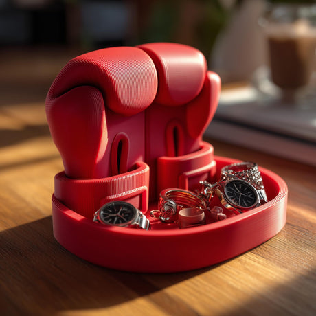 Boxing glove-shaped jewelry organizer with a round tray base and front compartments.