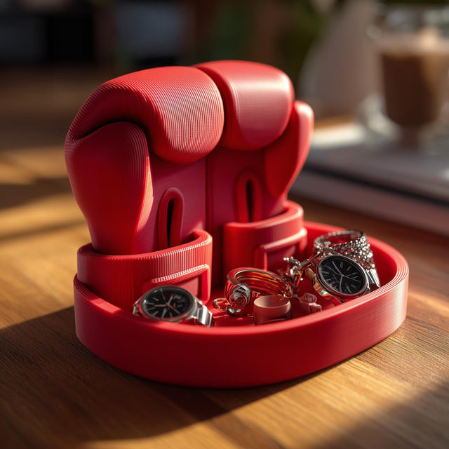 Boxing glove-shaped jewelry organizer with a round tray base and front compartments.