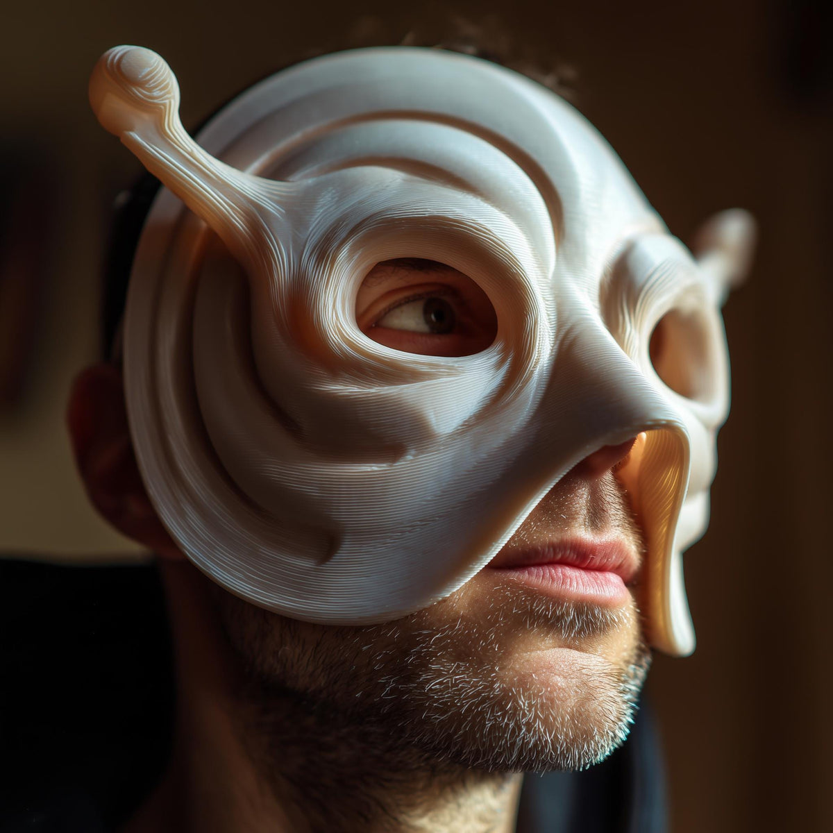 Wearable snail-inspired fantasy mask with large eye openings, shell-shaped side detail and antenna accents.