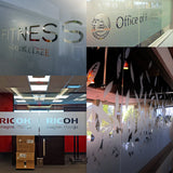 Collage of custom etched mirror decals showcasing elegant designs for office and fitness spaces.