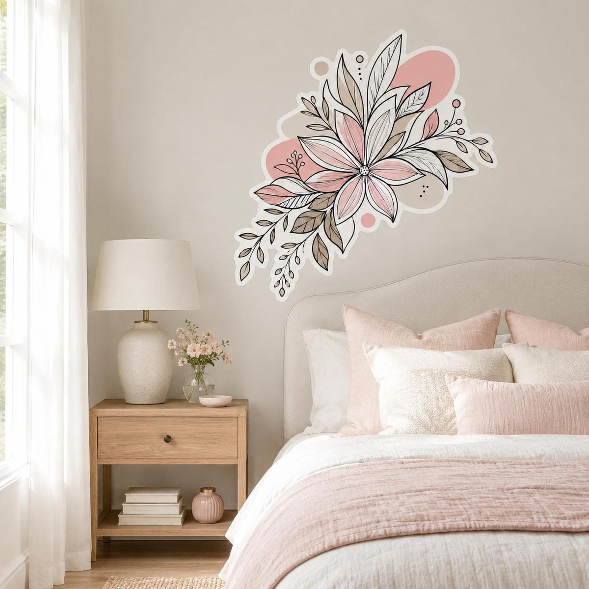 Floral Wall Decal | Blush Botanical Sticker | Peach Flower Line Art | Boho Nursery Decor | Neutral Bedroom Wall Art | Modern Botanical Decor