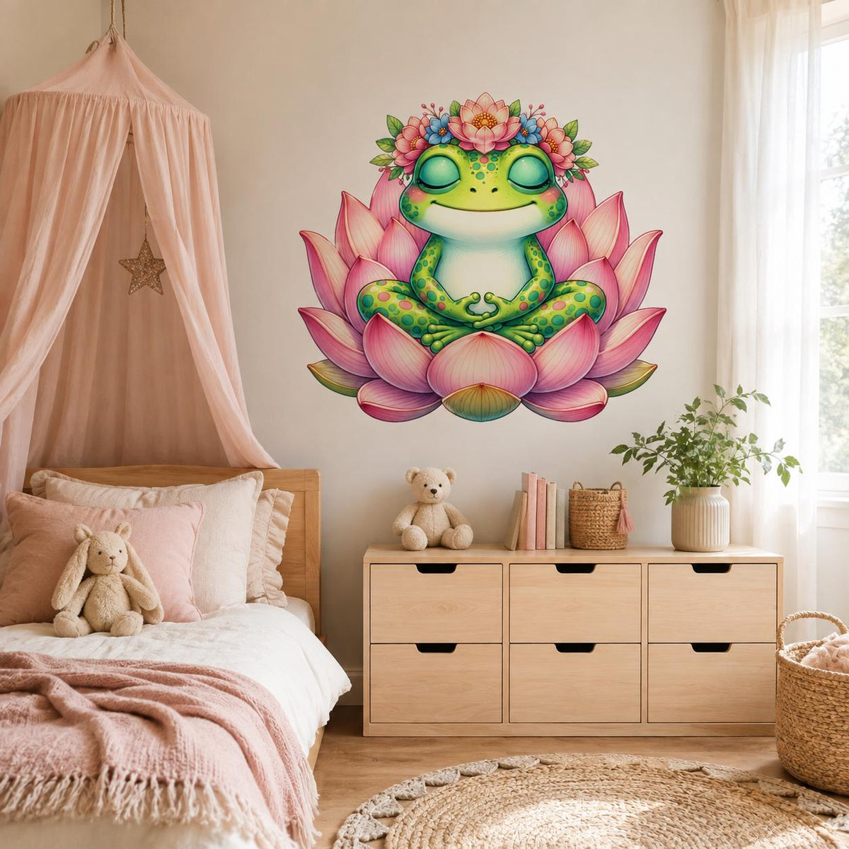 Product detail view of the meditating frog on a pink lotus wall decal.