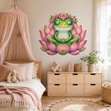 Product detail view of the meditating frog on a pink lotus wall decal.