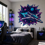 Product detail view of the neon sci-fi spaceship wall decal.