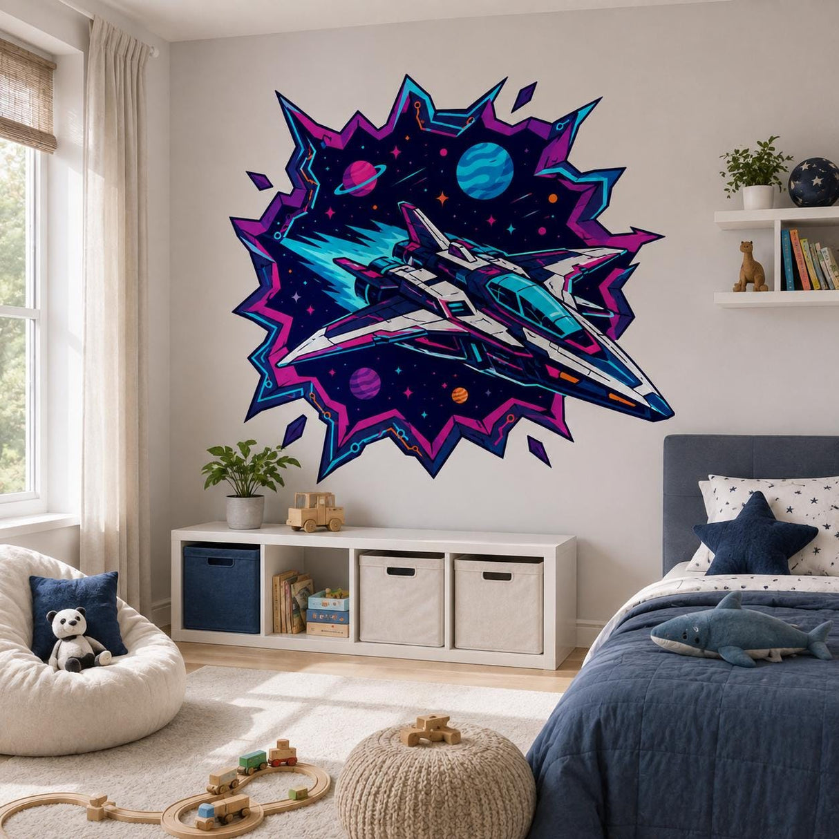 Product gallery view of the neon sci-fi spaceship wall decal.