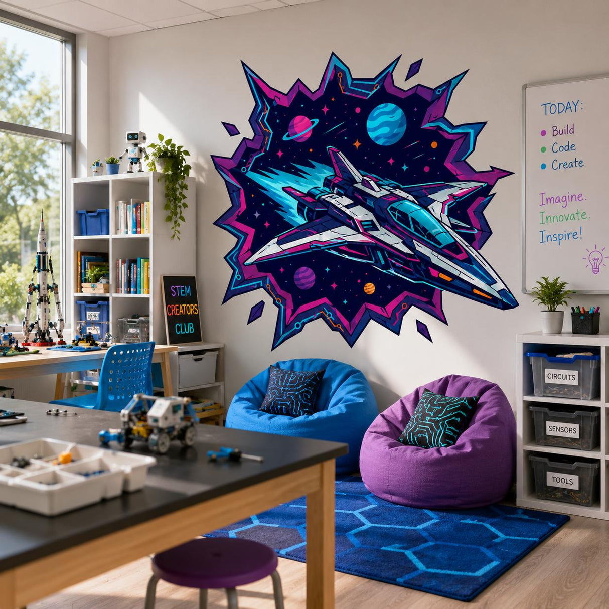 Product presentation view of the neon sci-fi spaceship wall decal.