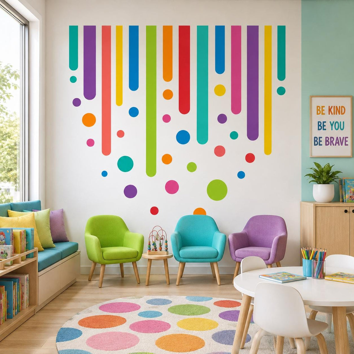 Colorful rainbow drip wall decal shown in a room setting.