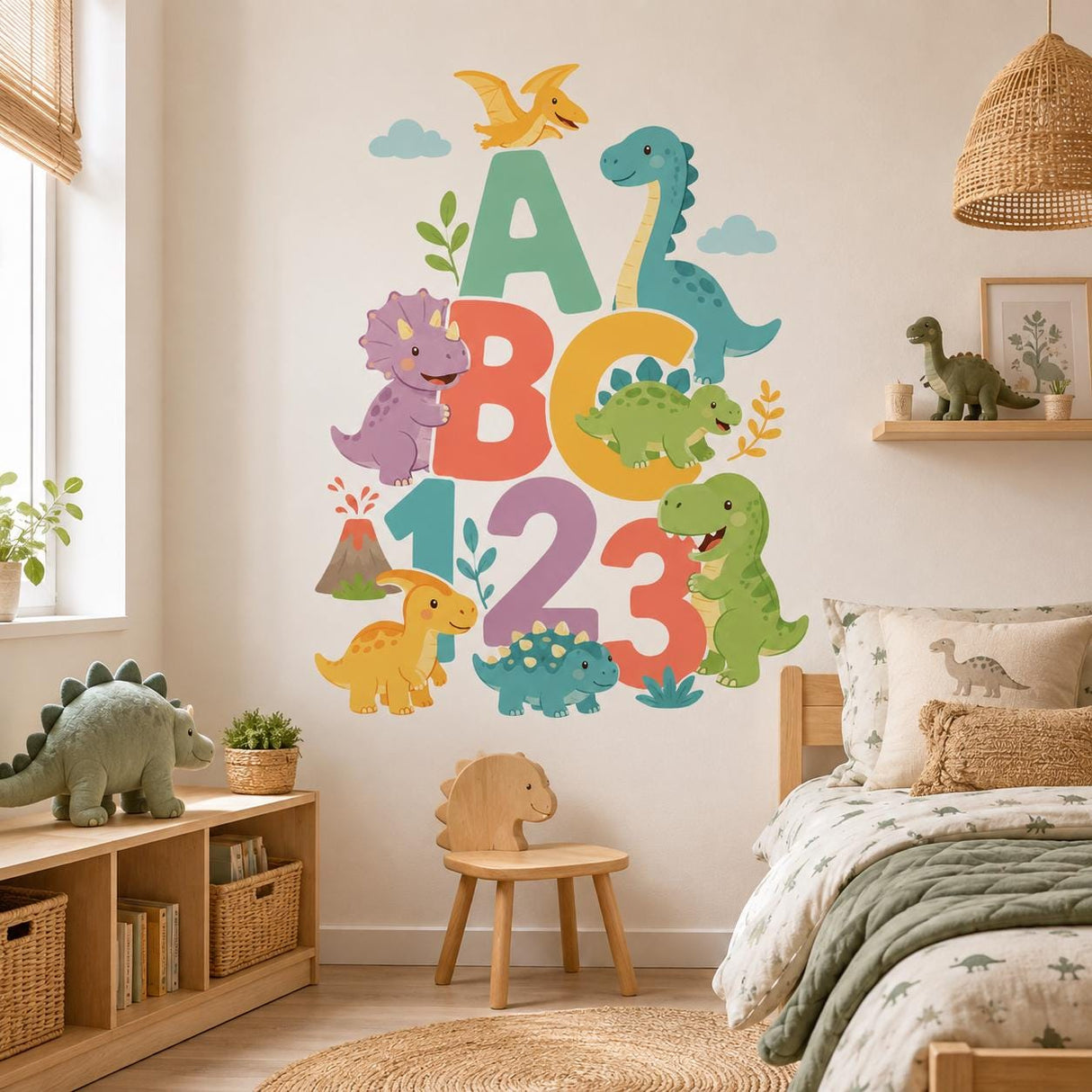 Product detail view of the Dinosaur ABC 123 learning wall decal.
