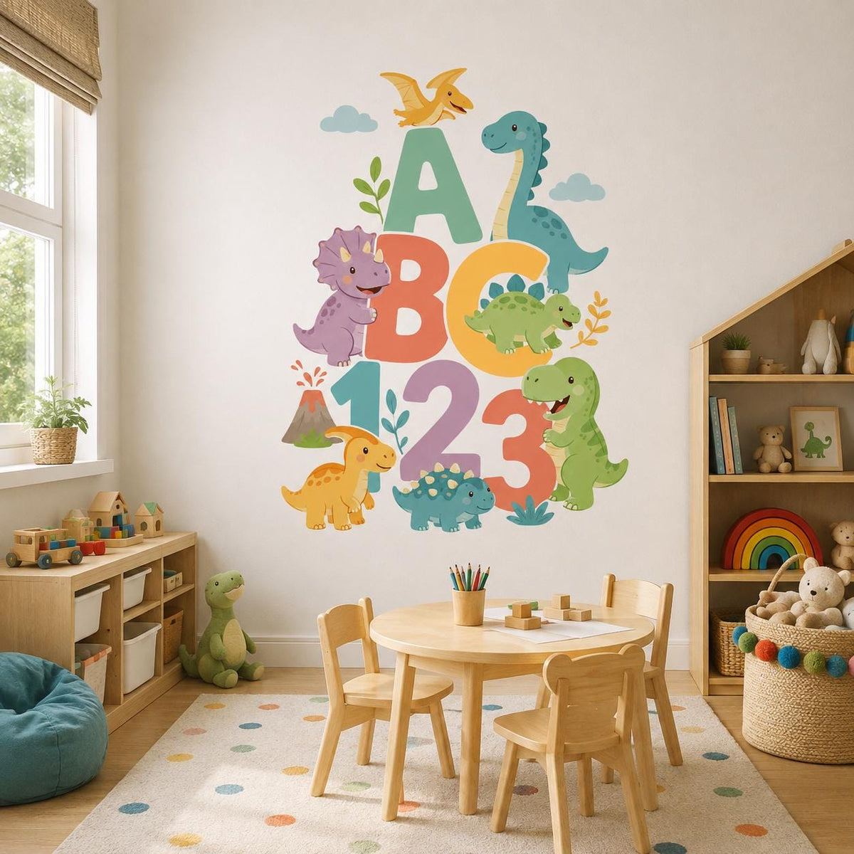 Product gallery view of the Dinosaur ABC 123 learning wall decal.