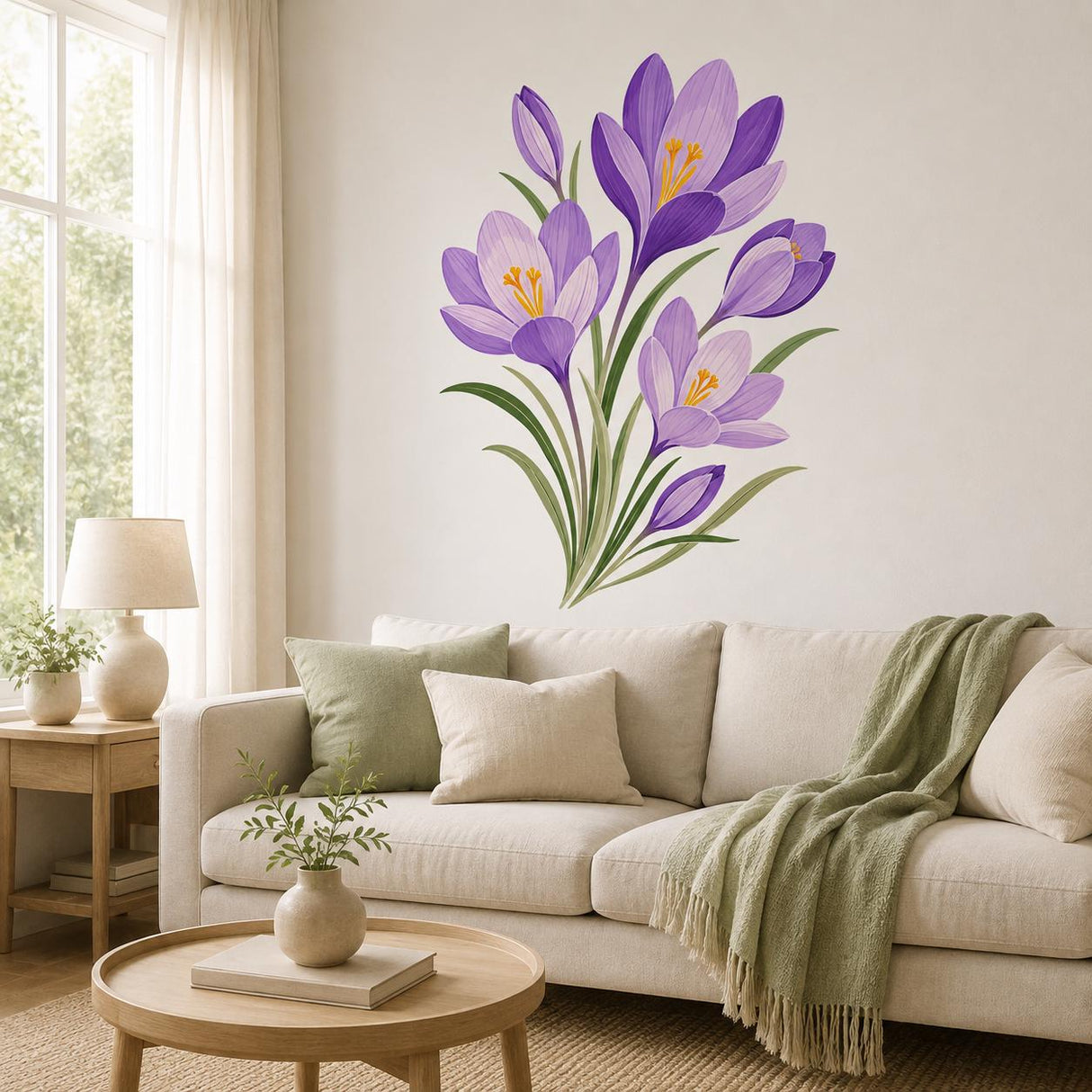 Purple crocus flower wall decal shown in a room setting.