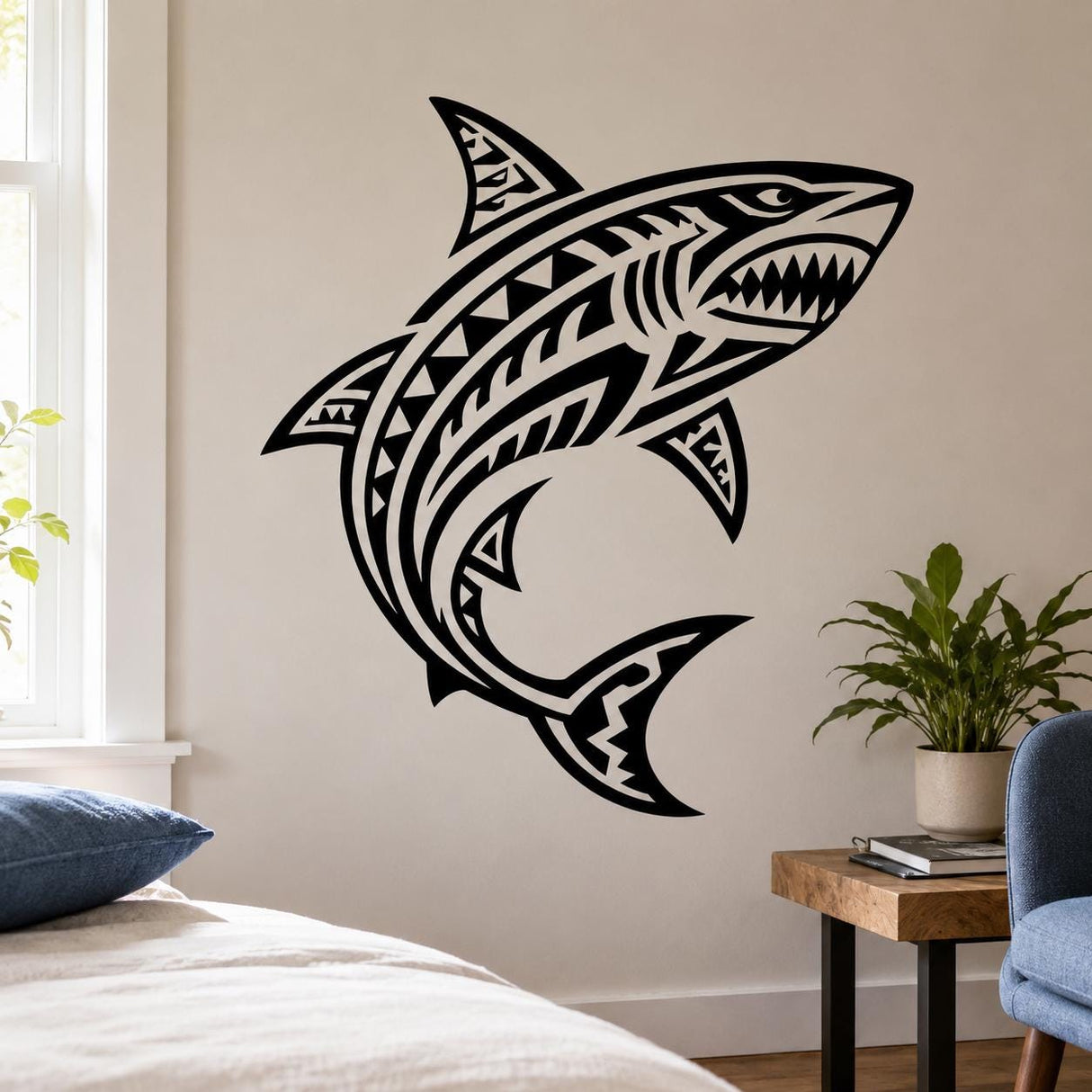 Alternate view of the tribal shark vinyl wall sticker.