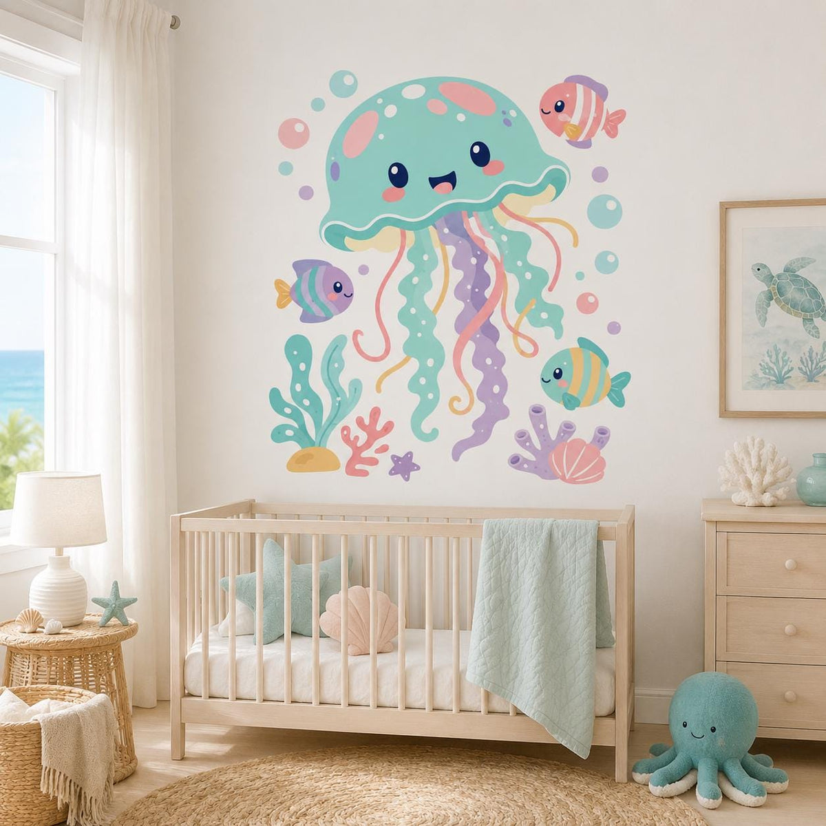 Cute pastel jellyfish wall decal shown in a room setting.