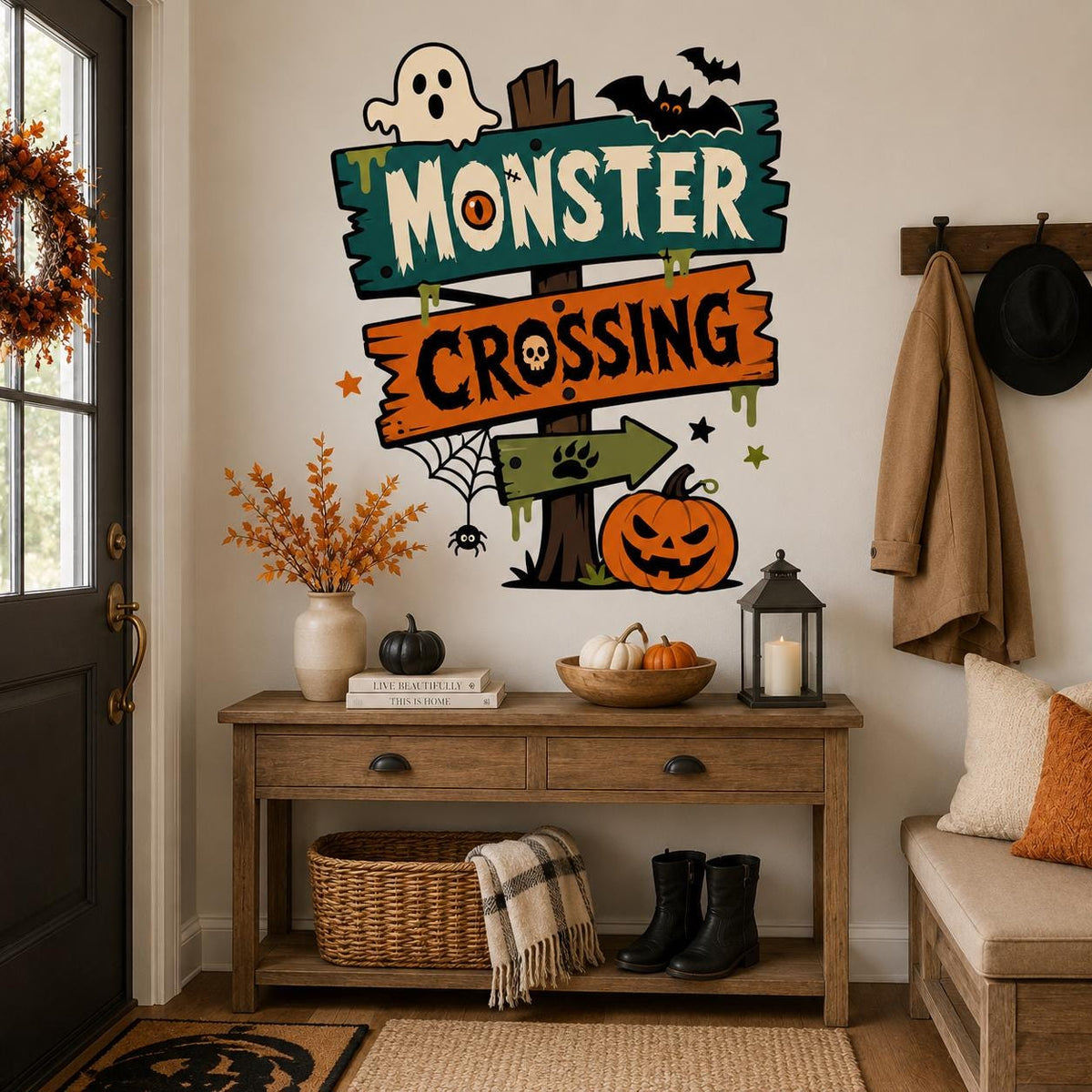 Additional product view of the Halloween Monster Crossing wall decal.