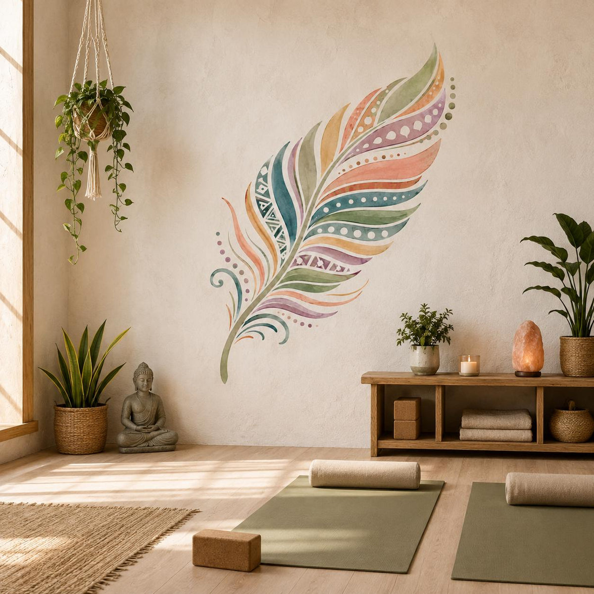 Product gallery view of the watercolor boho feather wall decal.