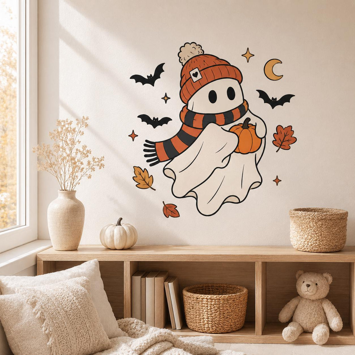Product detail view of the cute Halloween ghost and pumpkin wall decal.