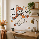 Cute Halloween ghost and pumpkin wall decal shown in a room setting.