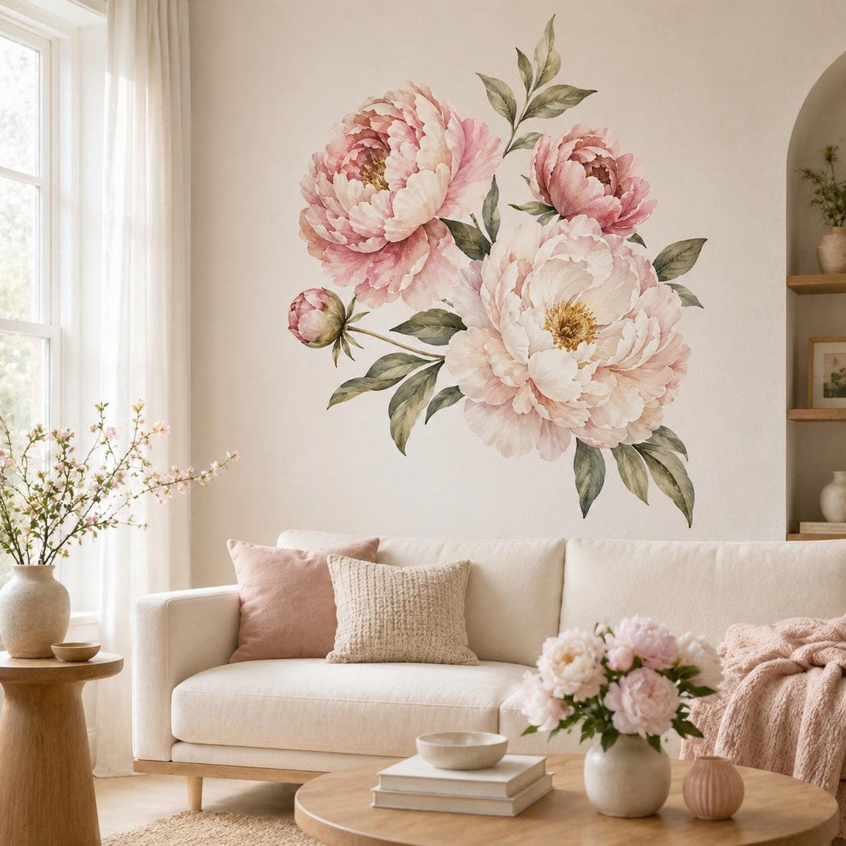 Pink peony floral wall decal shown in a room setting.