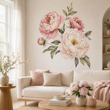 Pink peony floral wall decal shown in a room setting.