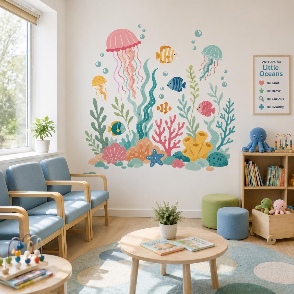 Underwater nursery decal shown in a room setting.